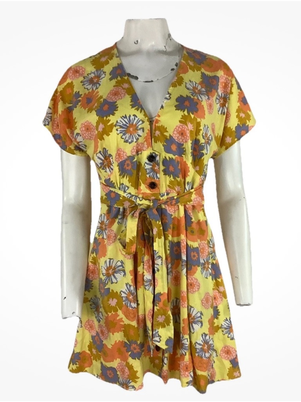 Marine Layer Sz S Hemp Blend Floral Print Tie Waist Sun Summer Spring Dress